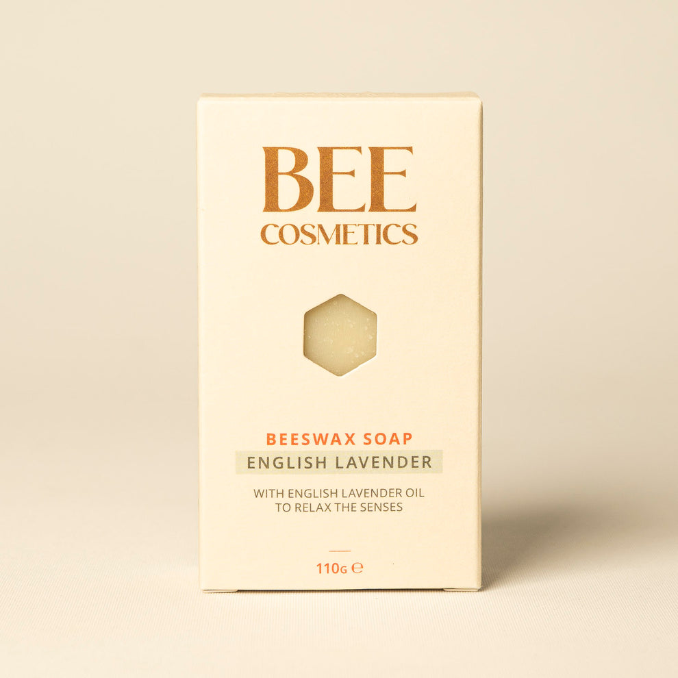 English Lavender beeswax soap, packaging from Bee Cosmetics on a beige background.