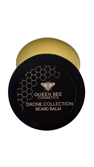 Beeswax beard balm in a metal tin. Tin open. 