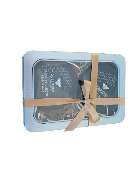 Closed metal gift set with mens moisturising cream and beard balm in metal tins. 