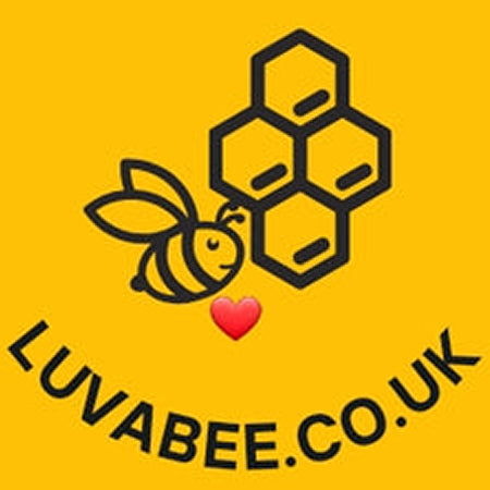 Logo of Luvabee with a bee and honeycomb on a yellow background