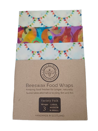 Beeswax food wraps packaging with colorful design on a white background