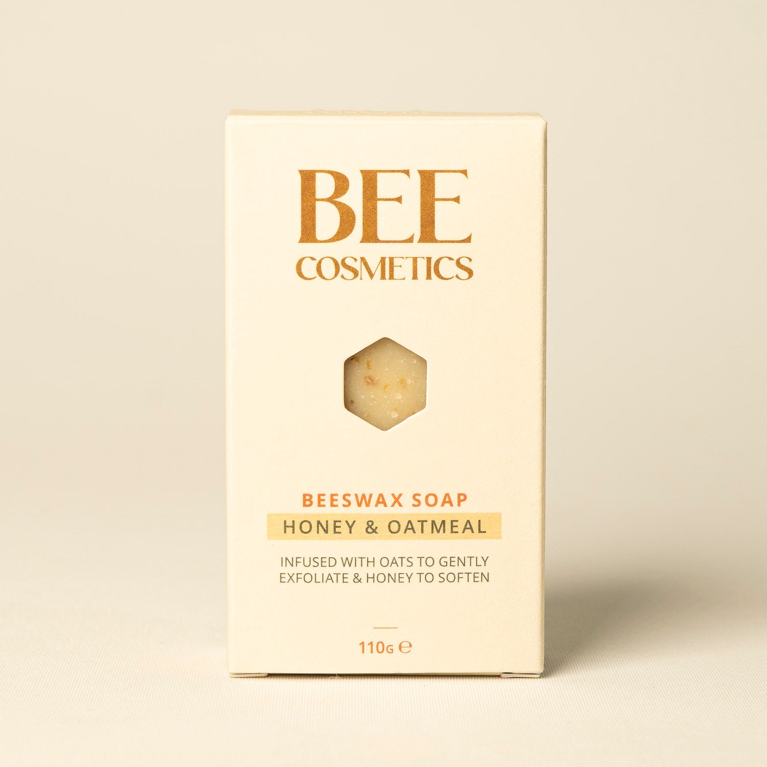 honey and oatmeal Beeswax soap, packaging with 'BEE Cosmetics' branding on a beige background
