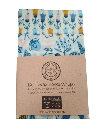 Beeswax food wraps with a floral pattern on a cardboard packaging