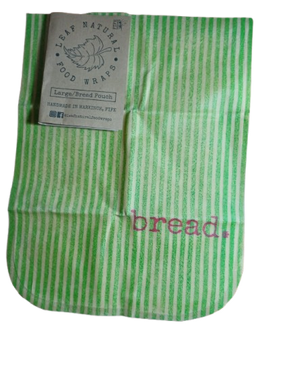 Green striped beeswax bread bag with 'bread' text and Leaf Natural Food Wraps label.