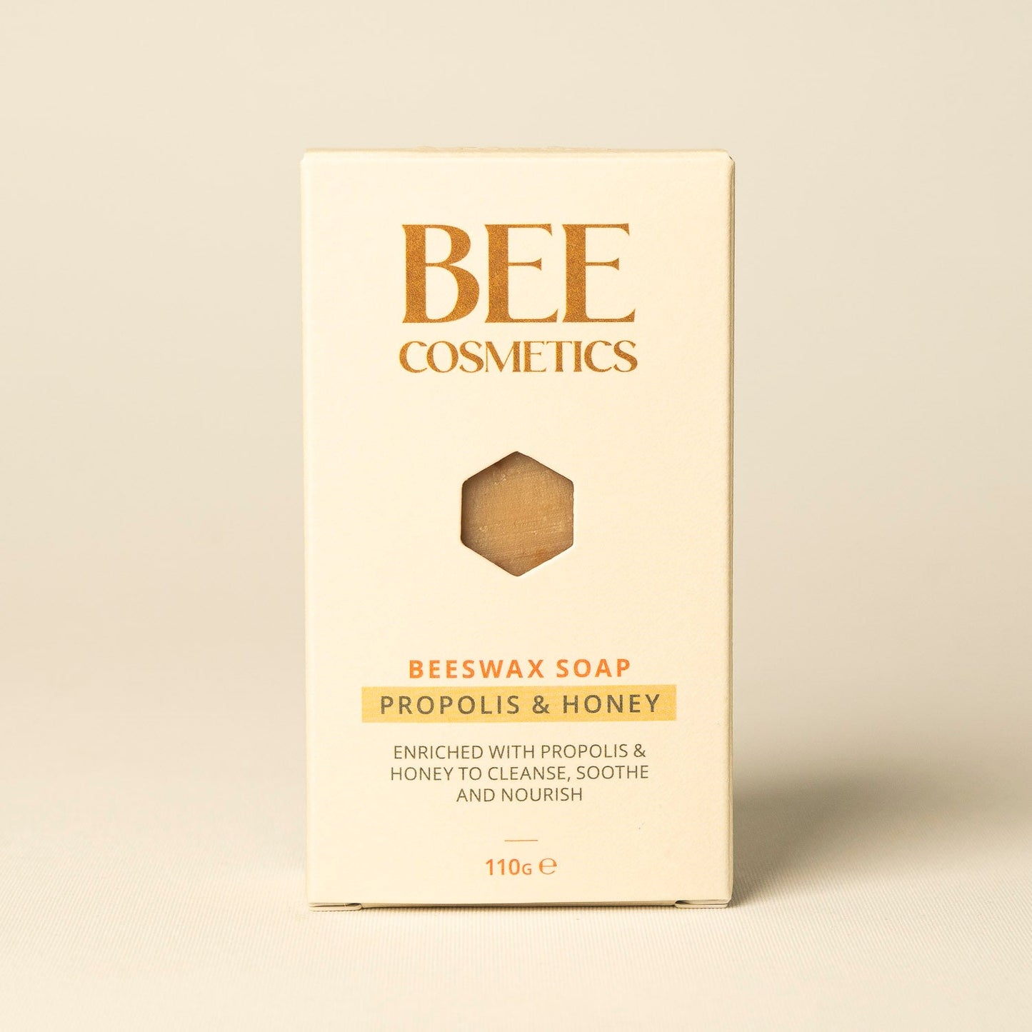 Propolis and honey Beeswax soap, packaging with 'BEE Cosmetics' branding on a beige background