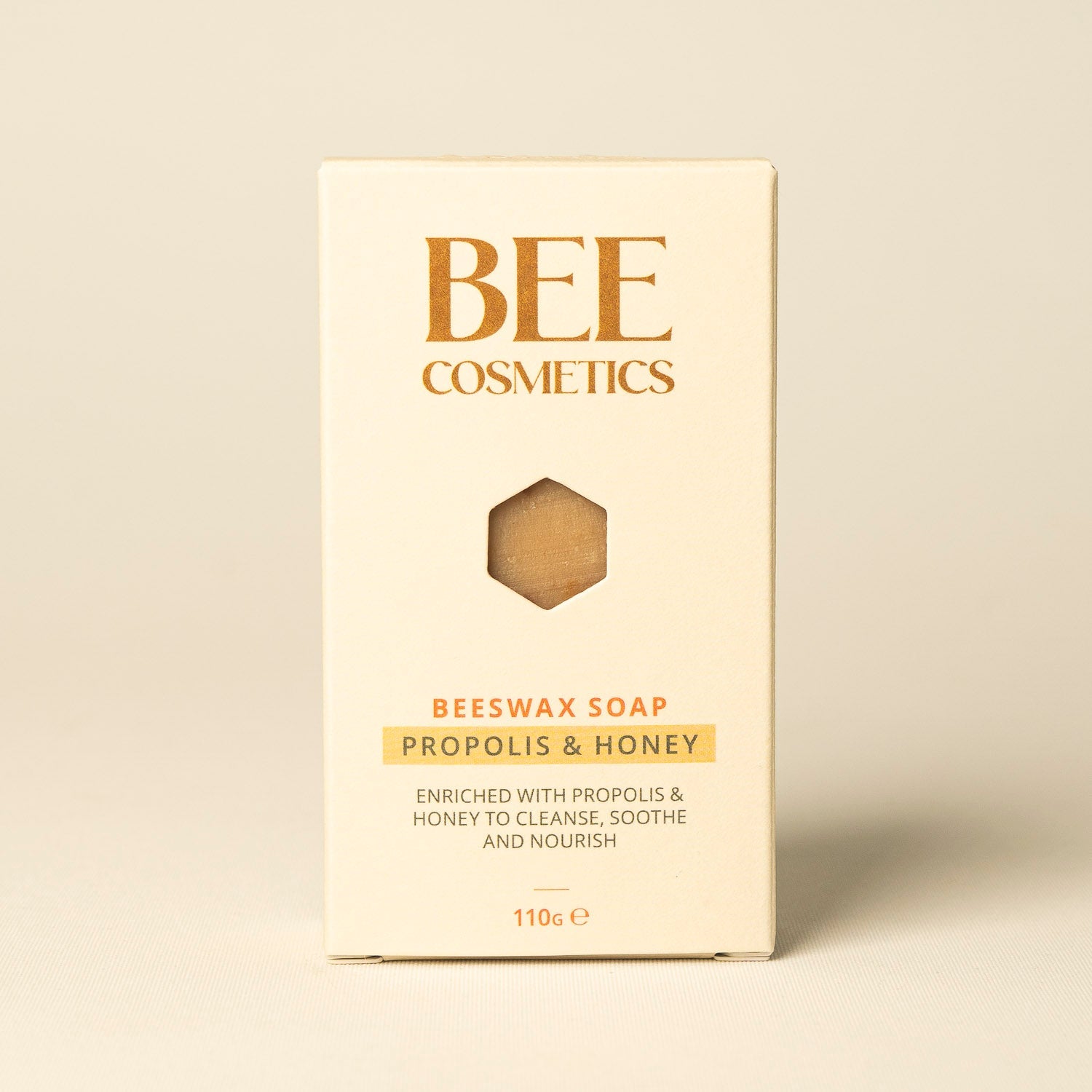 Propolis and honey Beeswax soap, packaging with 'BEE Cosmetics' branding on a beige background