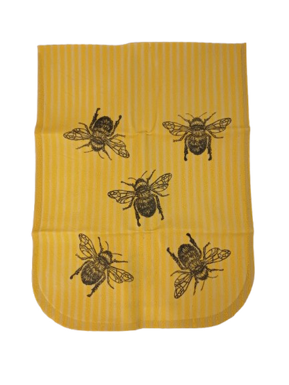 Yellow fabric with black bee patterns on a white background beeswax pouch