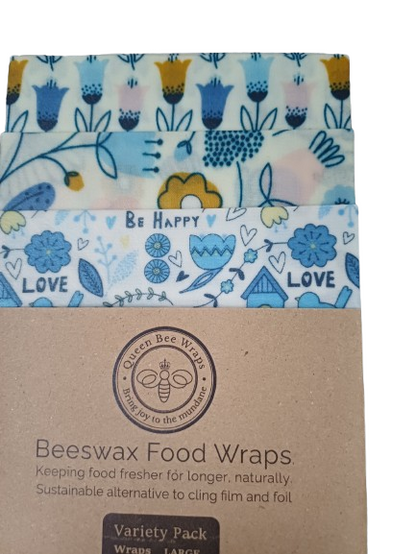 Beeswax food wraps with floral pattern on a cardboard packaging
