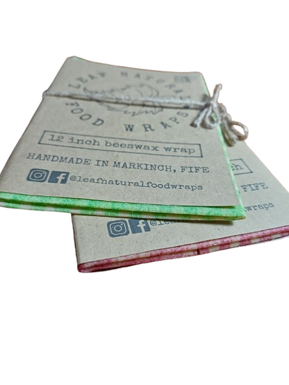 Beeswax food wraps with branding and product details on a white background