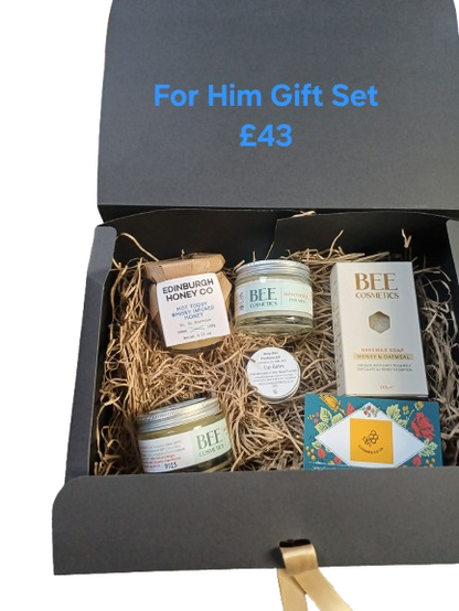 Gift set for him with various products in a black box labeled 'For Him Gift Set £43'.