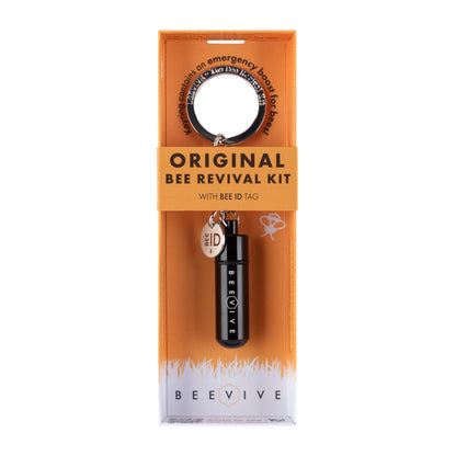 Bee revive kit packaging with black container and orange background
