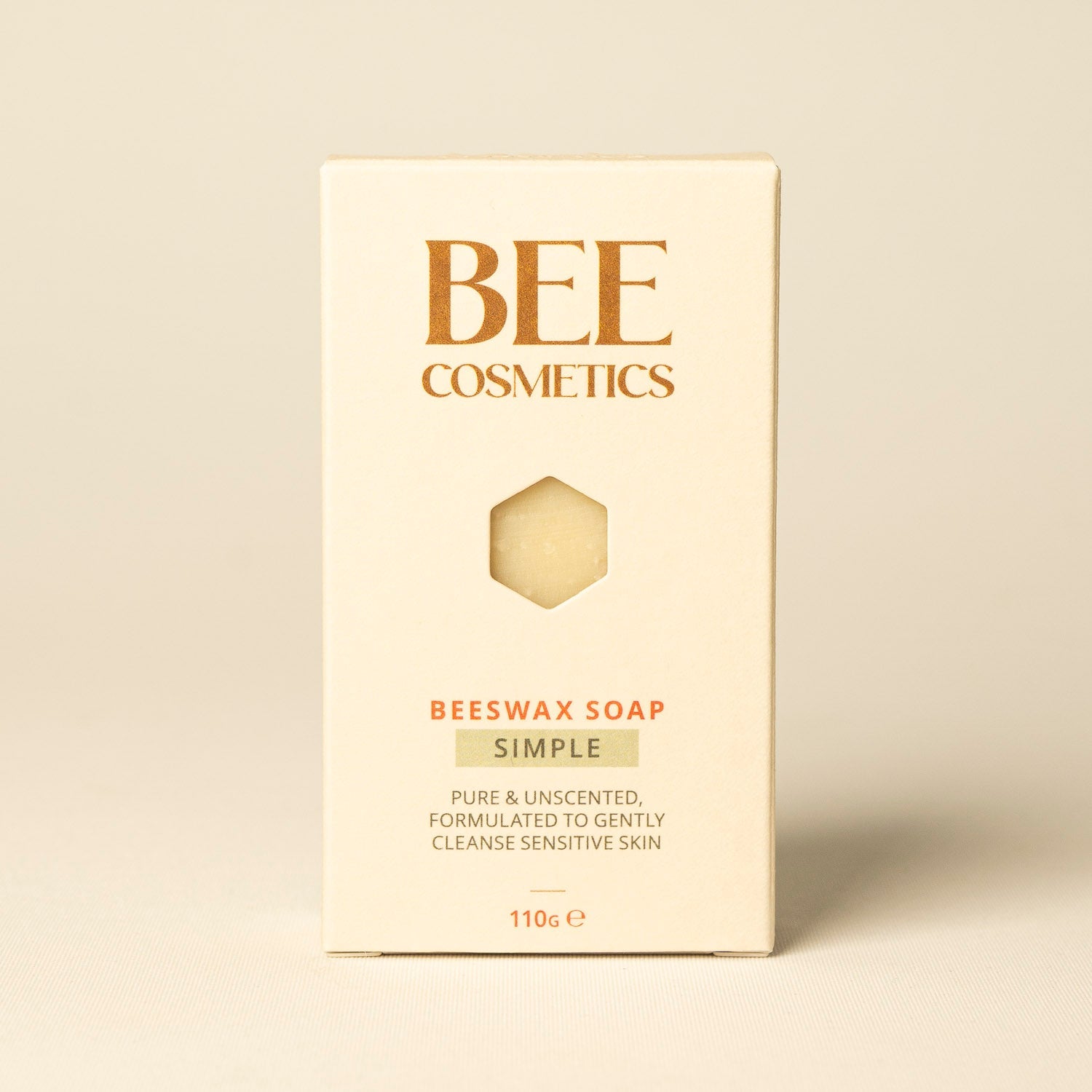 Fragrance free Beeswax soap, packaging with 'BEE Cosmetics' branding on a beige background